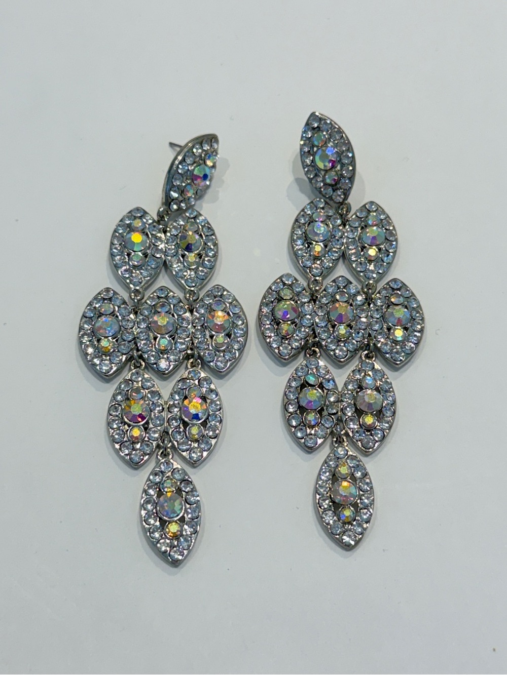 Crystal Drop Chandelier Earrings - Silver AB Aurora Finish Prom Pageant Homecom